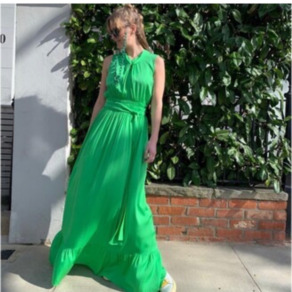 NOUVELLE SILK95FIVE Costantia Silk Maxi Dress Green Tie Keyhole Quiet Luxury S - Picture 3 of 13